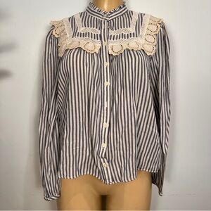 MNG Striped Lace Top Sz 8 Long Sleeves Shirt Blouse Cotton Mango